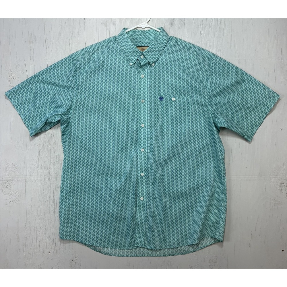 Wrangler Western Shirt Blue Green Geometric Button Up Front Down Size XL Cotton